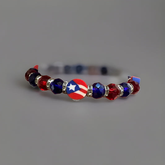 Puerto Rico Flag Beads Elastic Bangle Bracelet Red Blue White Heritage Jewelry
