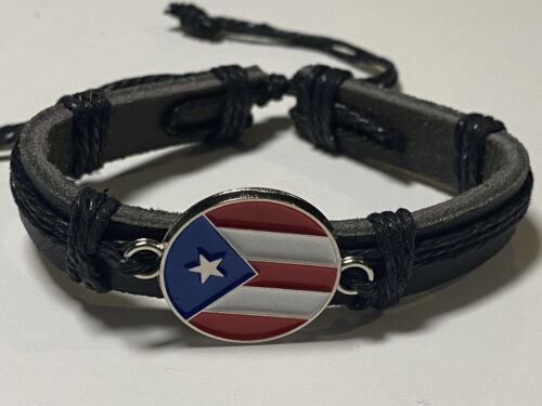 Puerto Rico Leather Bracelet With Round Flag