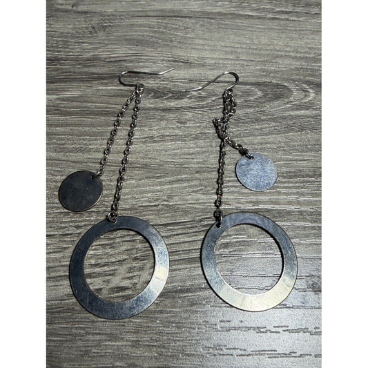 Silver Tone Dangling Chain Circle Earrings Vintage Drop Dangle Geometric Women