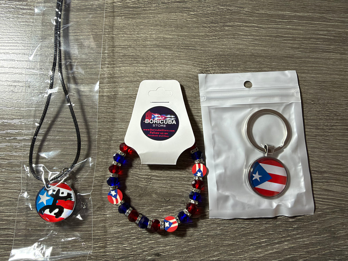 Puerto Rico 3-Piece Set–Flag-Coqui Necklace, Bracelet, and Keychain Bundle
