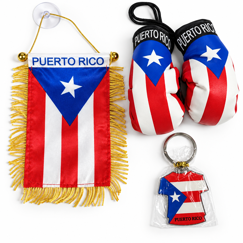 Puerto Rico mini banner, boxing gloves and keychain bundle on a clean background