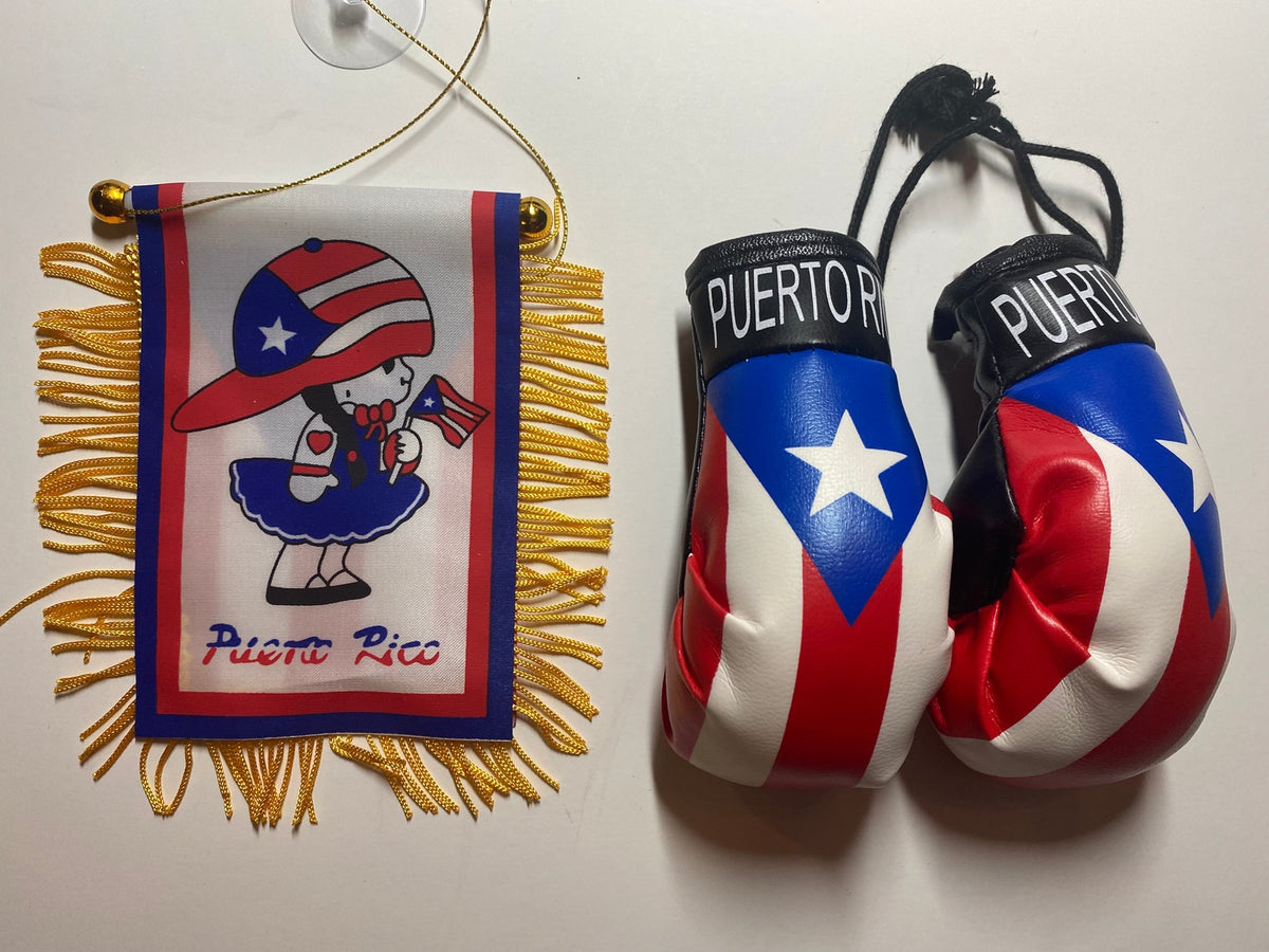 Puerto Rico Mini Boxing Gloves and Boricua Girl Mini Flag Lot 2 Pieces