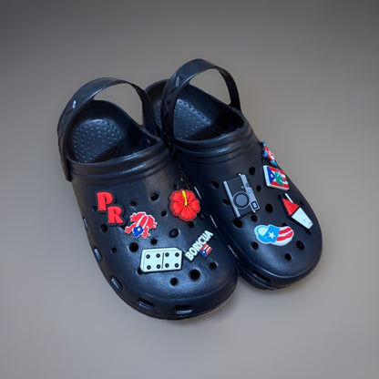 Puerto Rico Black Clog Sandals with Charms Womens Size 8 Boricua Flag Slides