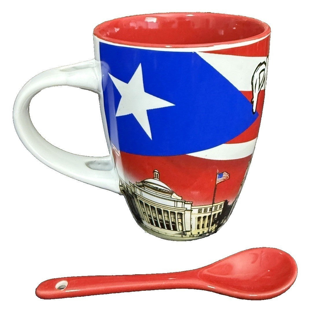 Puerto Rico Flag Ceramic Coffee Mug with Spoon Souvenir Multicolor