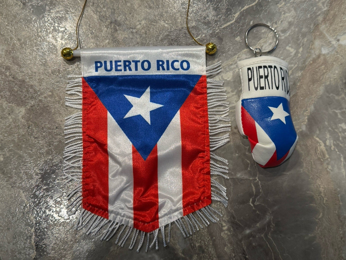 Puerto Rico Flag Mini Pennant & Boxing Glove Keychain Set Red White Blue