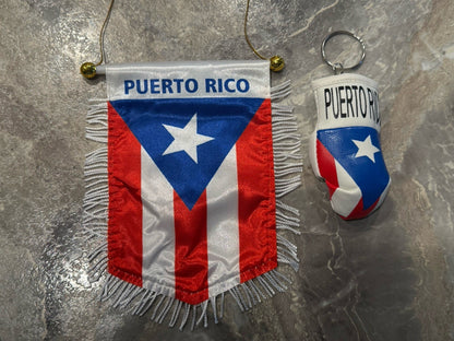 Puerto Rico Flag Mini Pennant & Boxing Glove Keychain Set Red White Blue