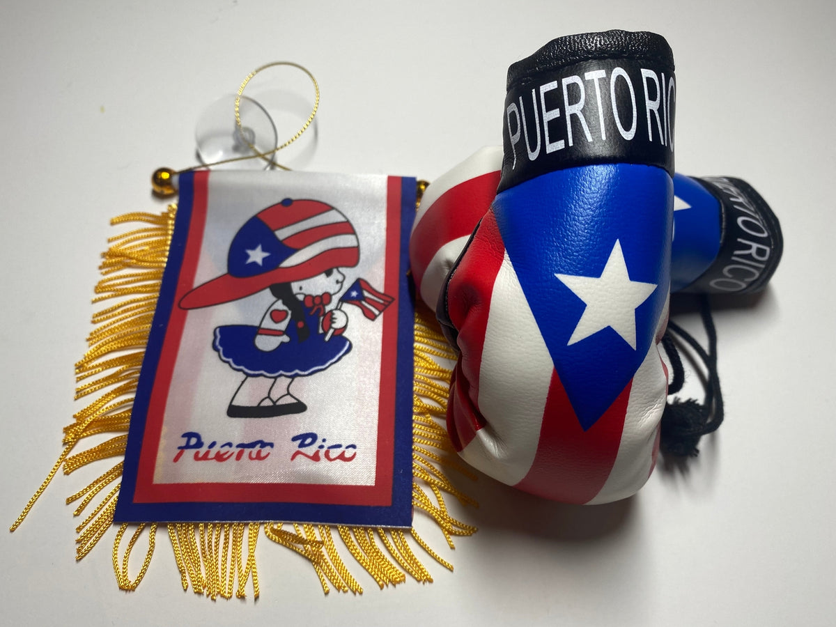 Puerto Rico Mini Boxing Gloves and Boricua Girl Mini Flag Lot 2 Pieces