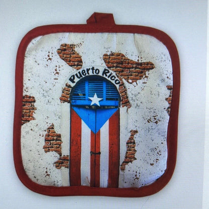 Puerto Rico Kitchen Pot Holder and Mitts 2 Piece Set Red White Blue Cotton