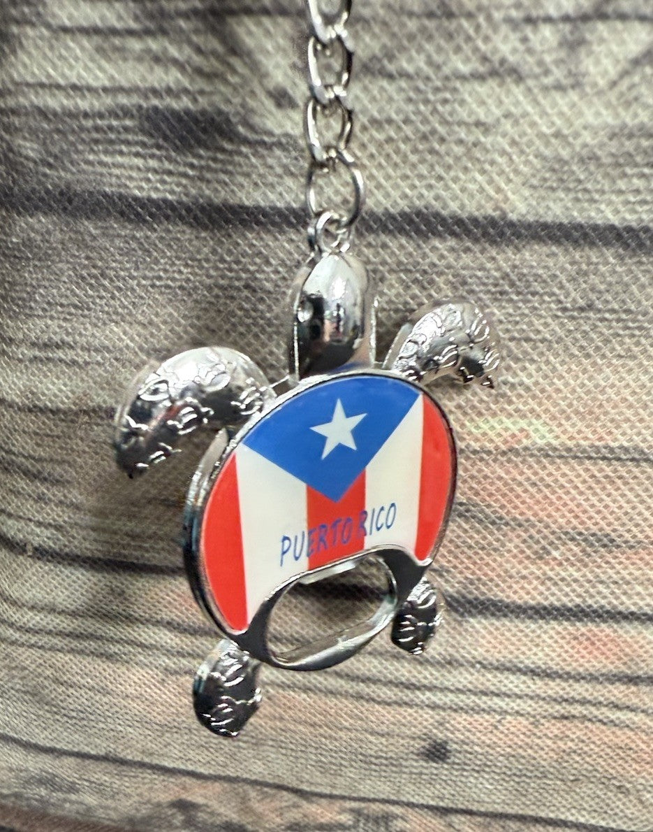Puerto Rico Turtle Flag Bottle Opener Keychain Silver Tone Metal Souvenir