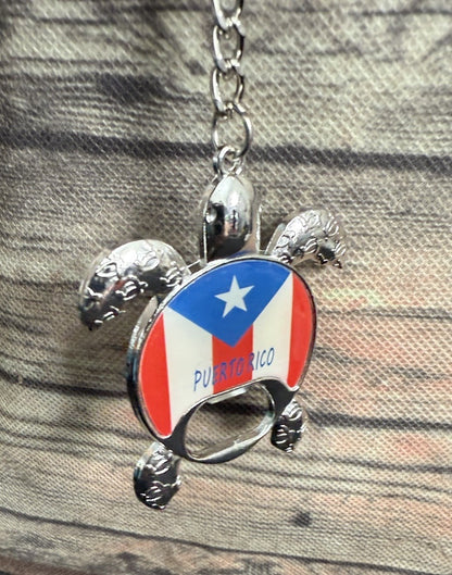 Puerto Rico Turtle Flag Bottle Opener Keychain Silver Tone Metal Souvenir