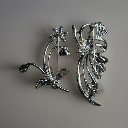 Vintage 1950s Floral Rhinestone & Enamel Brooch Pin Set 2pc Silver Tone Retro