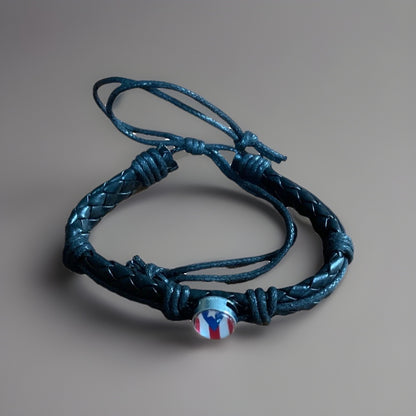 Puerto Rico Black Leather Bracelet with A Round Flag