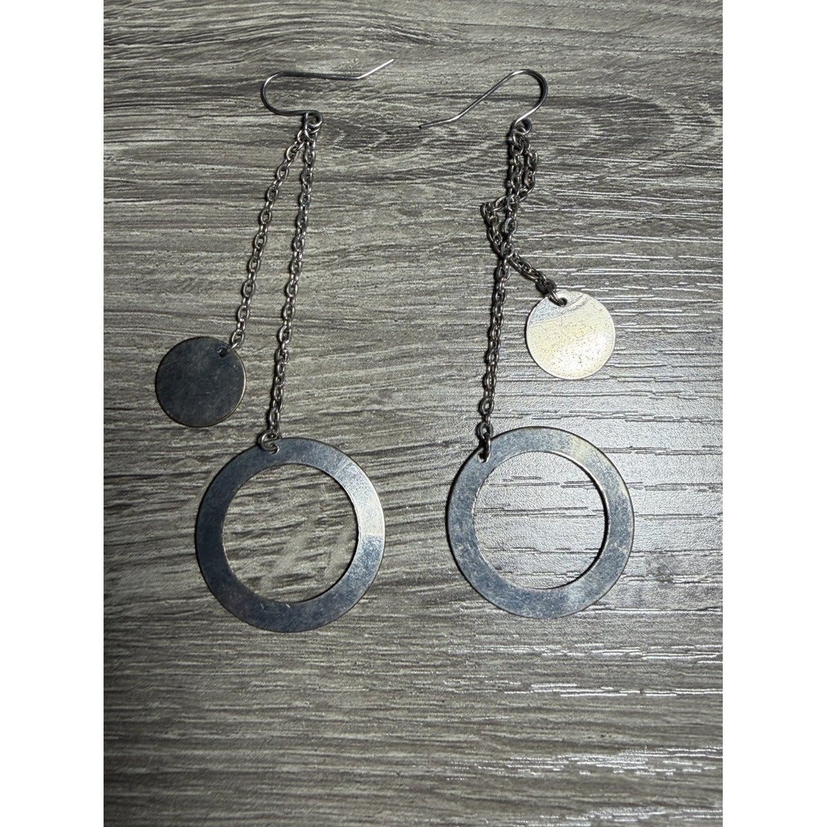 Silver Tone Dangling Chain Circle Earrings Vintage Drop Dangle Geometric Women