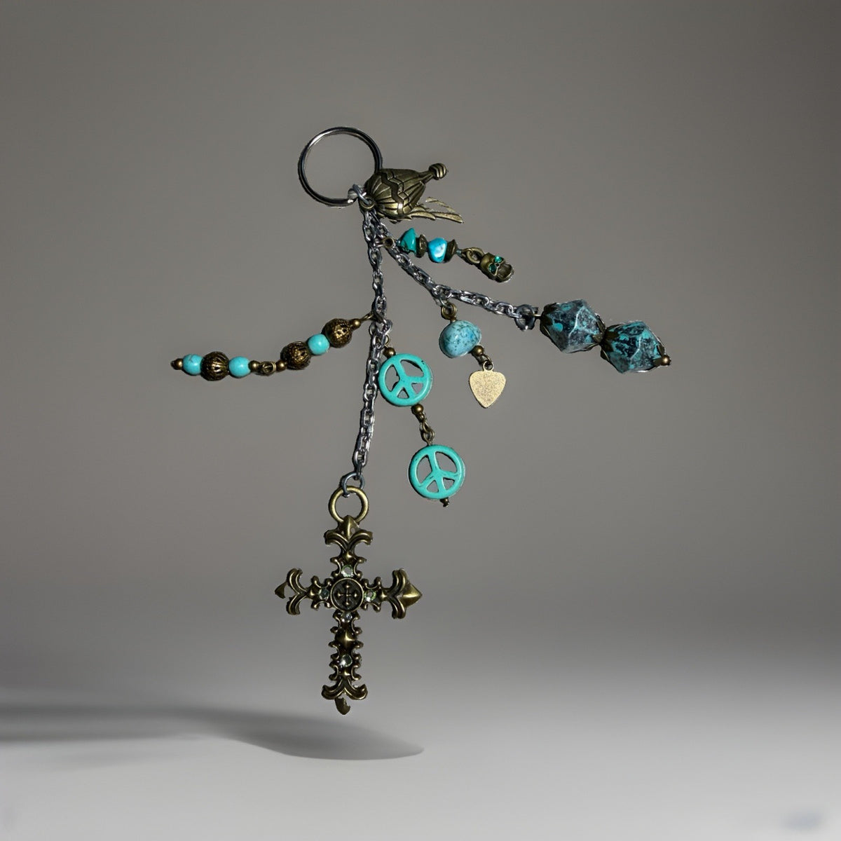 Vintage Cross Jade Patina Charm Keychain Peace Heart Bird Religious Accessory