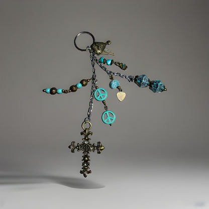 Vintage Cross Jade Patina Charm Keychain Peace Heart Bird Religious Accessory