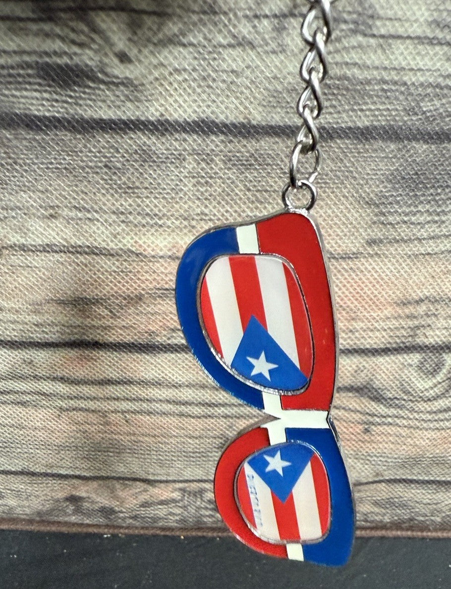 Puerto Rico Flag Sunglasses Keychain Metal Red White Blue Souvenir Accessory