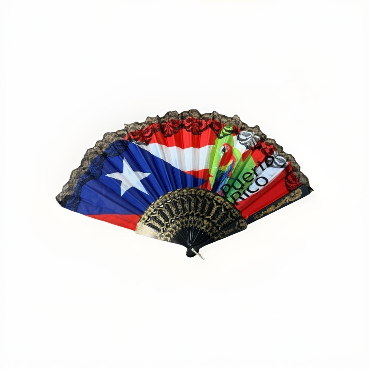 Puerto Rico Flag Decorative Hand Fan Folding Lace Trim Parrot Boricua Decor