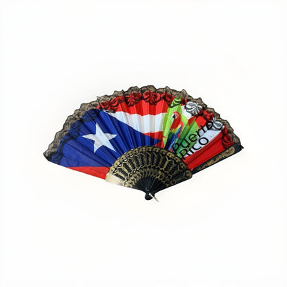 Puerto Rico Flag Decorative Hand Fan Folding Lace Trim Parrot Boricua Decor