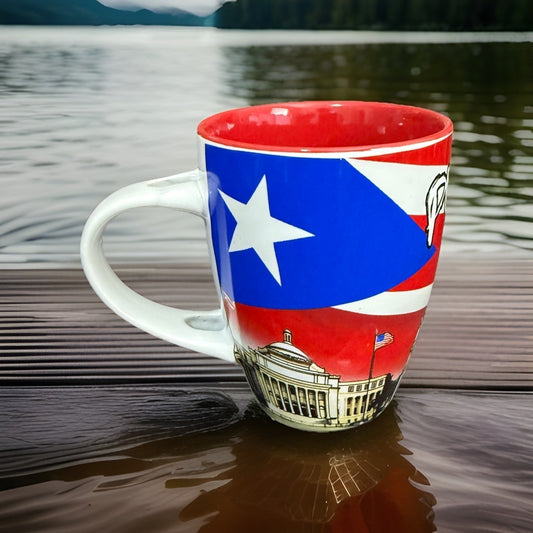 Puerto Rico Flag Ceramic Coffee Mug with Spoon Souvenir Multicolor