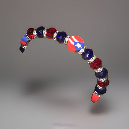 Puerto Rico Flag Beads Elastic Bangle Bracelet Red Blue White Heritage Jewelry