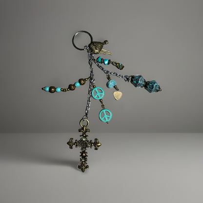 Vintage Cross Jade Patina Charm Keychain Peace Heart Bird Religious Accessory