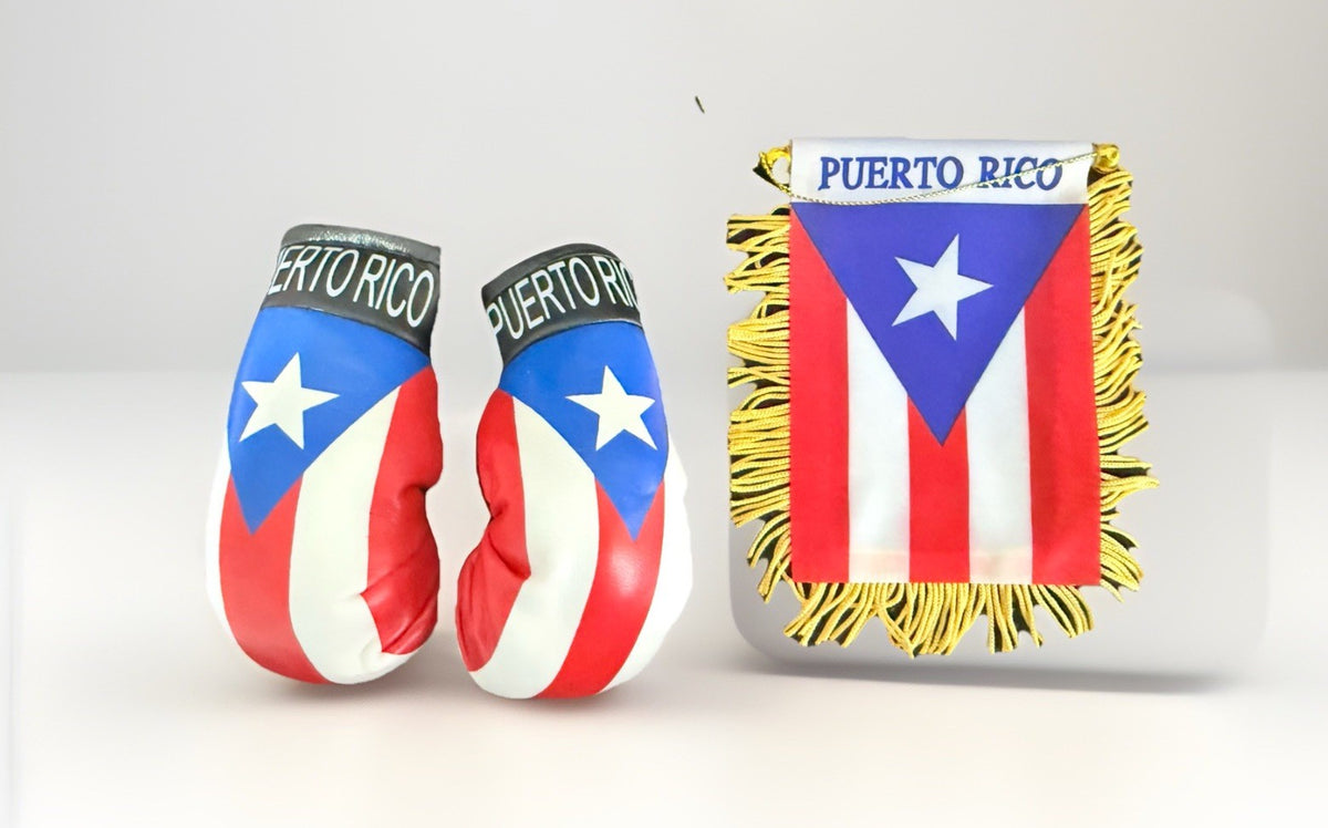 Puerto Rico Mini Banner 4x6 Flag Boxing Gloves Boricua Rican Collectible Set