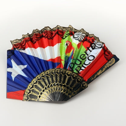 Puerto Rico Flag Decorative Hand Fan Folding Lace Trim Parrot Boricua Decor