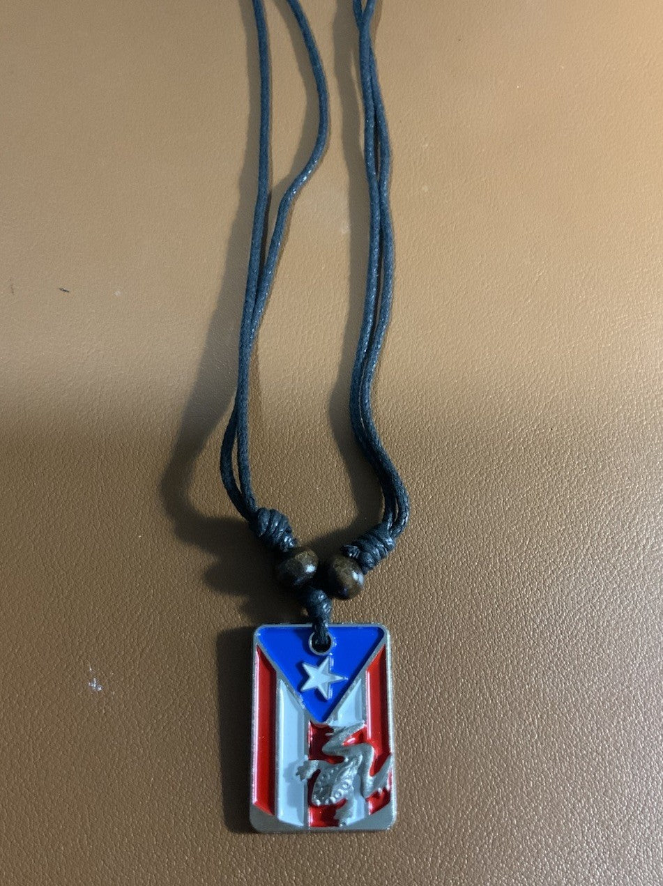 Puerto Rico Flag Coqui Frog Pendant Necklace Multicolor Rectangle Charm Black