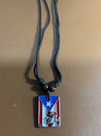 Puerto Rico Flag Coqui Frog Pendant Necklace Multicolor Rectangle Charm Black