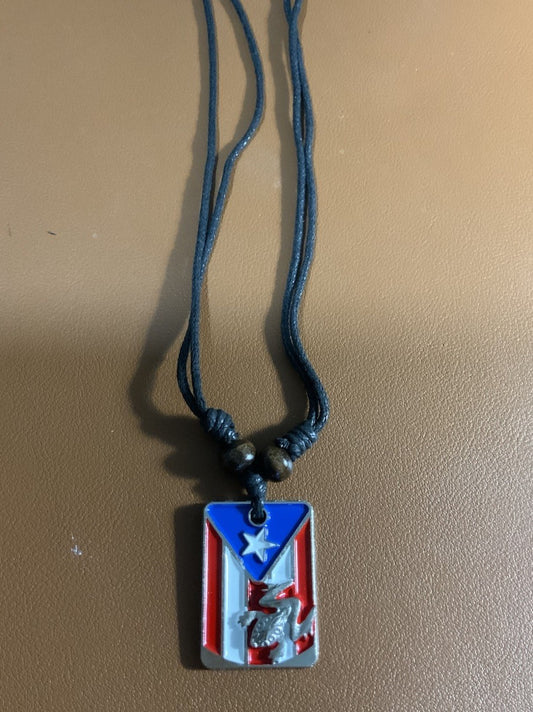 Puerto Rico Flag Coqui Frog Pendant Necklace Multicolor Rectangle Charm Black