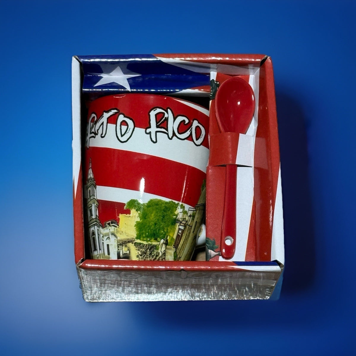 Puerto Rico Flag Ceramic Coffee Mug with Spoon Souvenir Multicolor