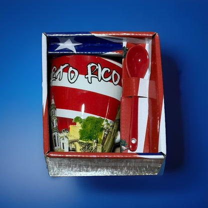 Puerto Rico Flag Ceramic Coffee Mug with Spoon Souvenir Multicolor