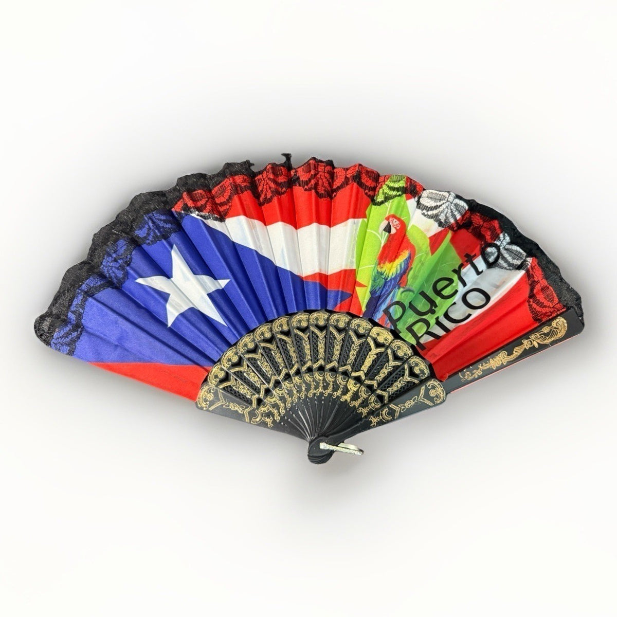 Puerto Rico Flag Decorative Hand Fan Folding Lace Trim Parrot Boricua Decor