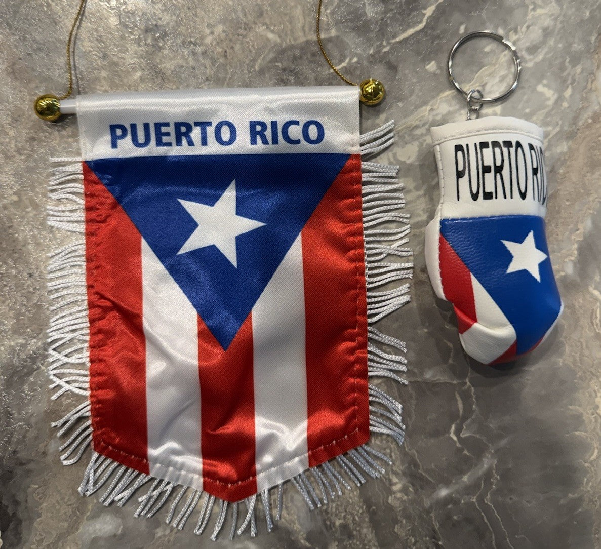 Puerto Rico Flag Mini Pennant & Boxing Glove Keychain Set Red White Blue