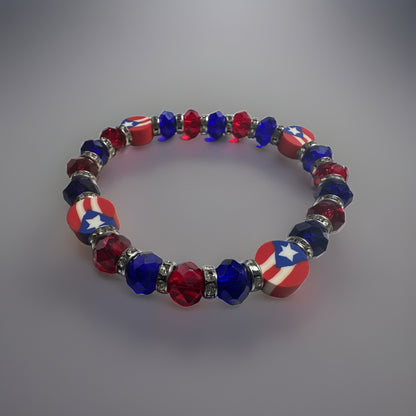 Puerto Rico Flag Beads Elastic Bangle Bracelet Red Blue White Heritage Jewelry