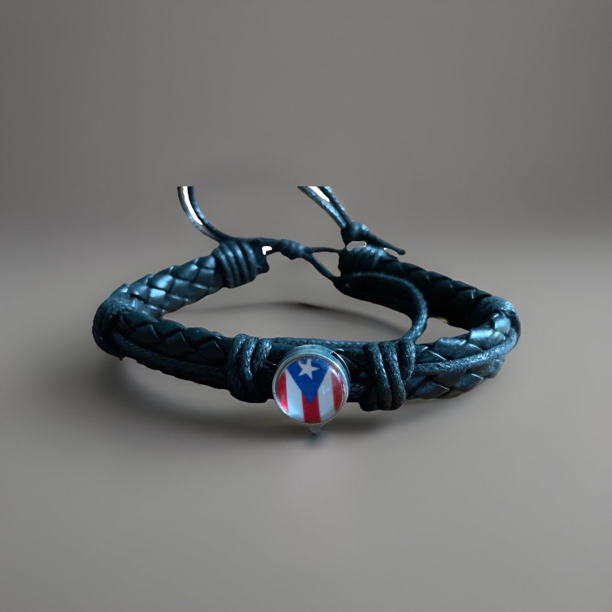 Puerto Rico Black Leather Bracelet with A Round Flag