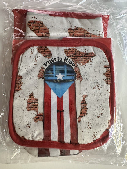 Puerto Rico Kitchen Pot Holder and Mitts 2 Piece Set Red White Blue Cotton