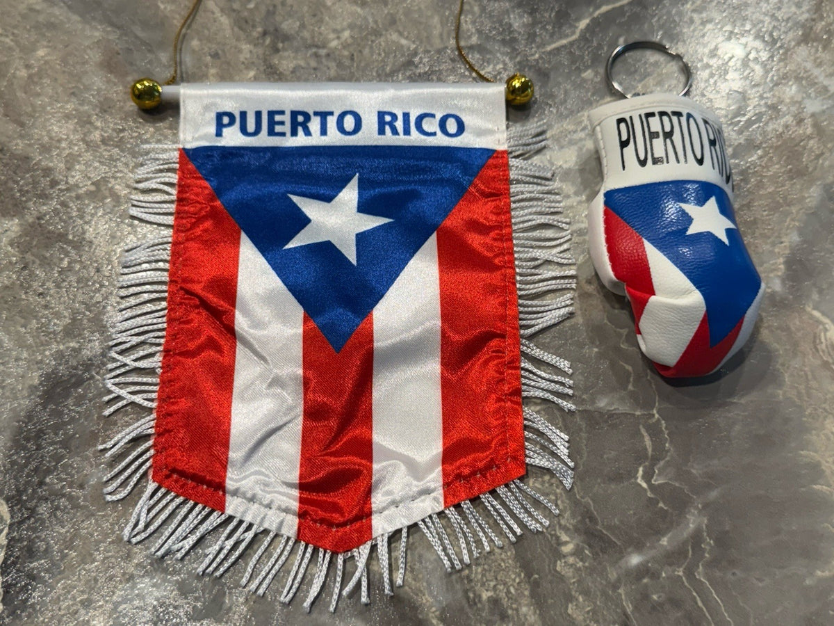Puerto Rico Flag Mini Pennant & Boxing Glove Keychain Set Red White Blue