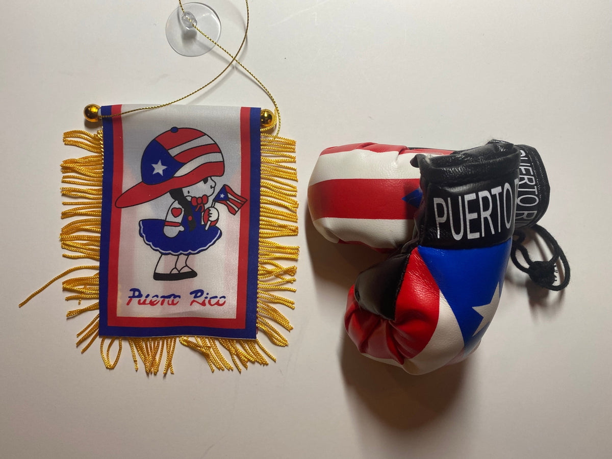 Puerto Rico Mini Boxing Gloves and Boricua Girl Mini Flag Lot 2 Pieces