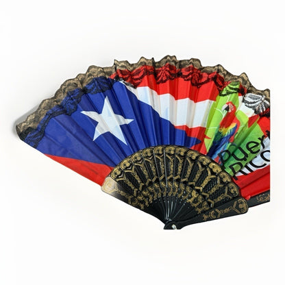 Puerto Rico Flag Decorative Hand Fan Folding Lace Trim Parrot Boricua Decor