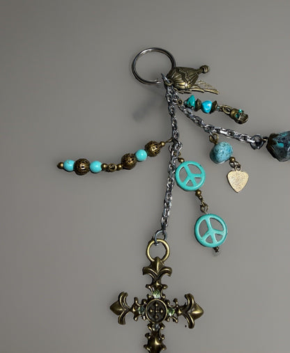 Vintage Cross Jade Patina Charm Keychain Peace Heart Bird Religious Accessory