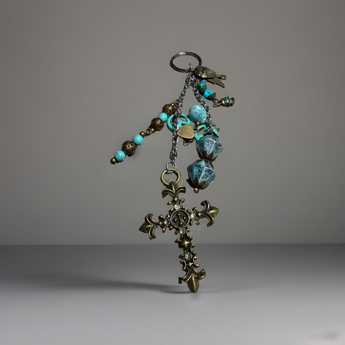 Vintage Cross Jade Patina Charm Keychain Peace Heart Bird Religious Accessory