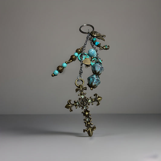 Vintage Cross Jade Patina Charm Keychain Peace Heart Bird Religious Accessory