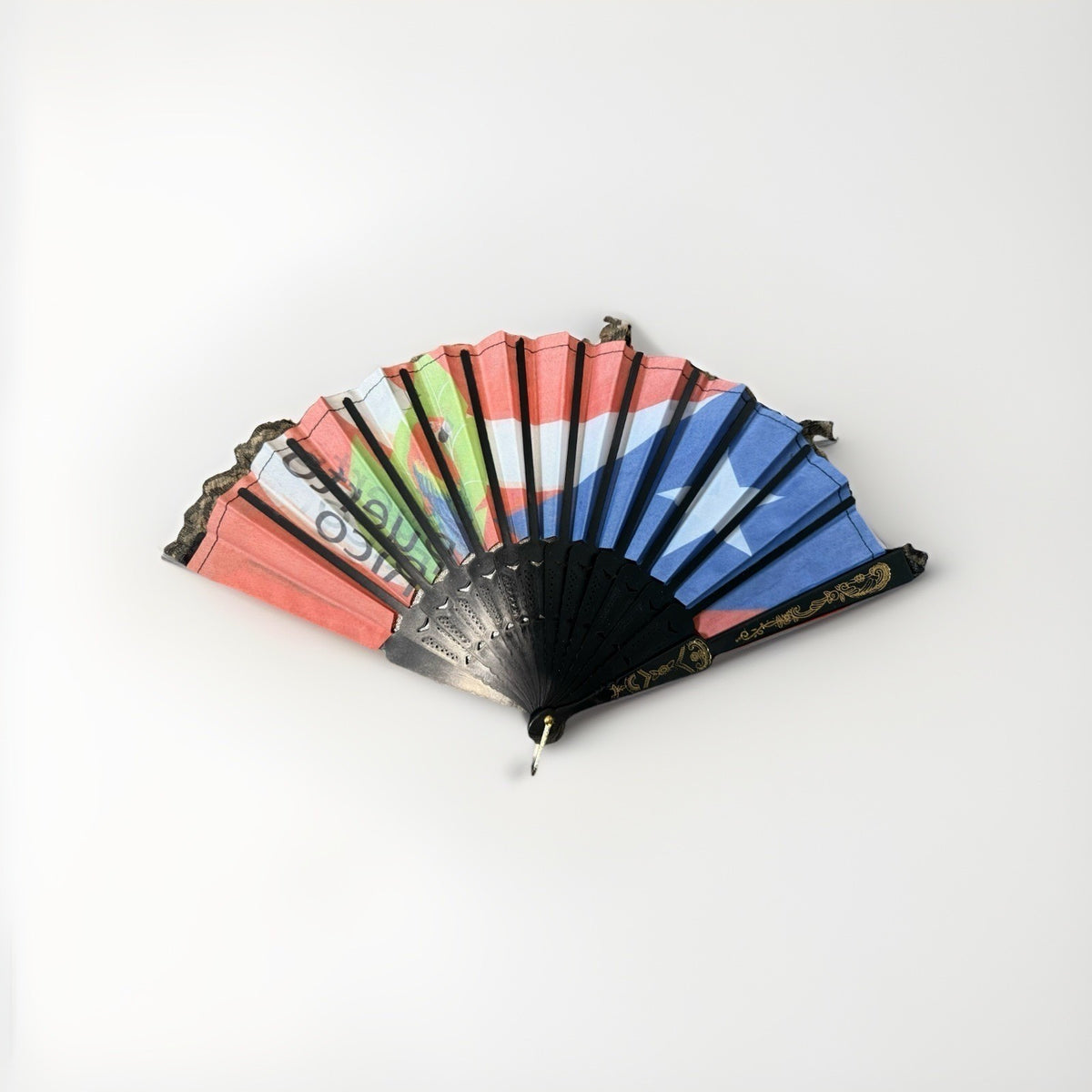 Puerto Rico Flag Decorative Hand Fan Folding Lace Trim Parrot Boricua Decor