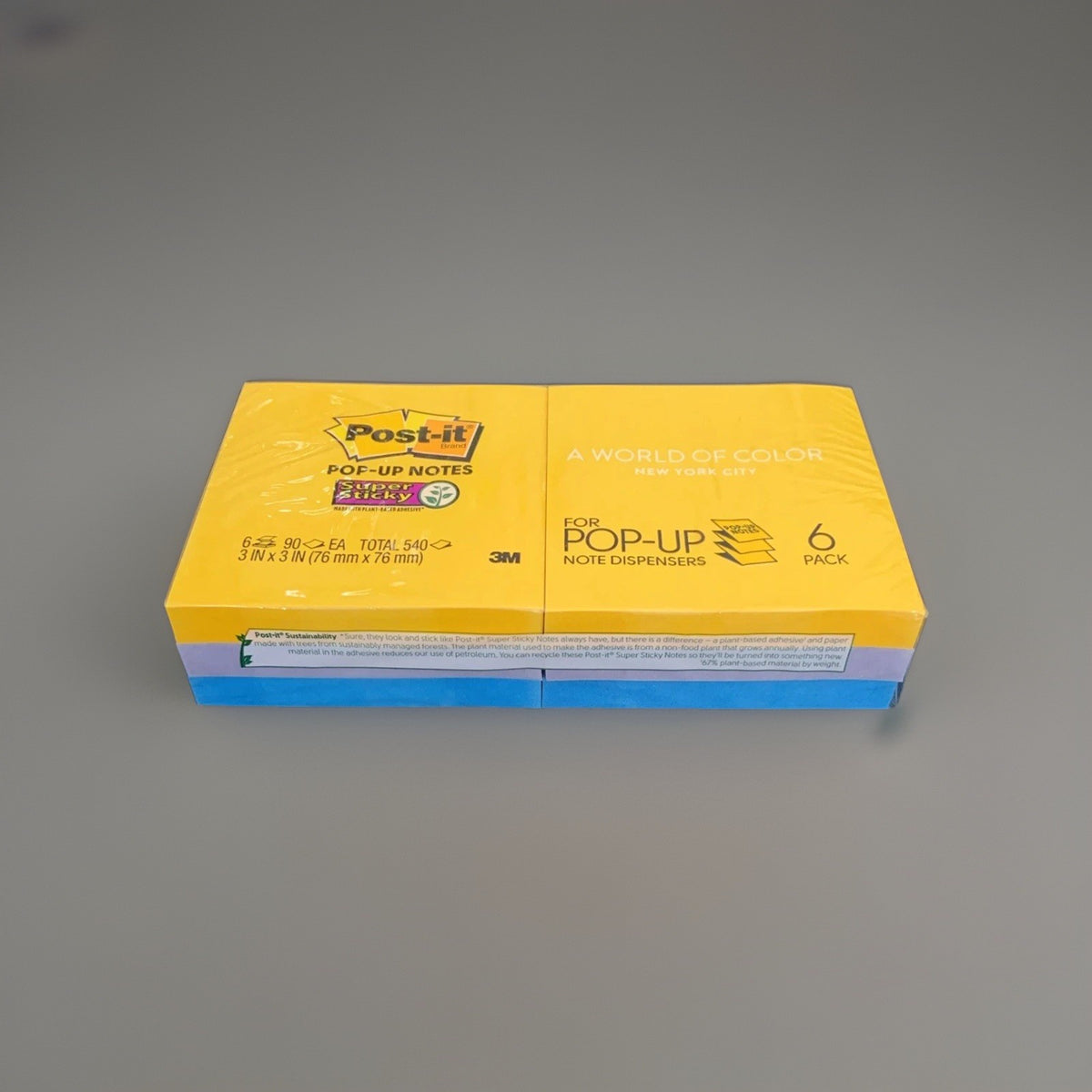 Post-it Super Sticky Pop-Up Notes 3x3 Random Color 6 Pack 90 Sheets 654-SSNO