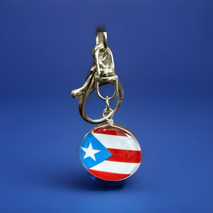 Puerto Rico Round Flag Keychain Metal Lobster Clasp Red White Blue Boricua