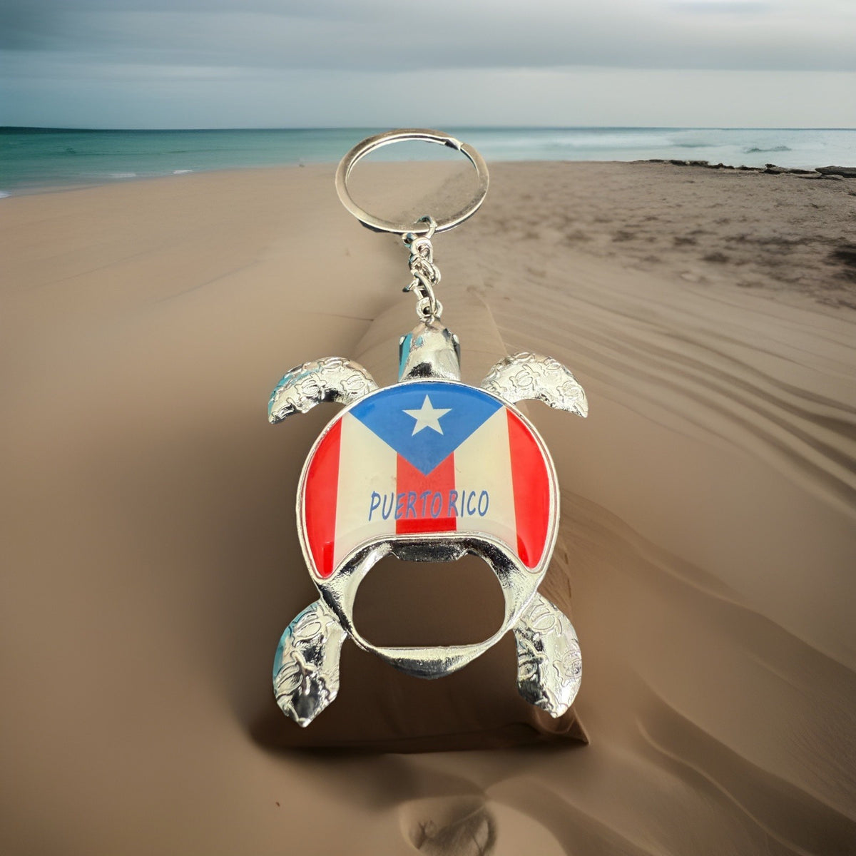 Puerto Rico Turtle Flag Bottle Opener Keychain Silver Tone Metal Souvenir