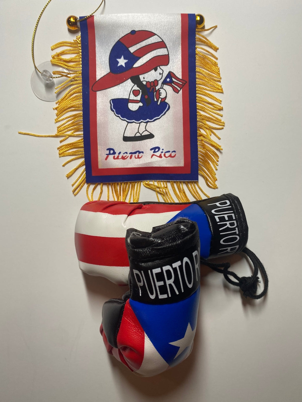 Puerto Rico Mini Boxing Gloves and Boricua Girl Mini Flag Lot 2 Pieces