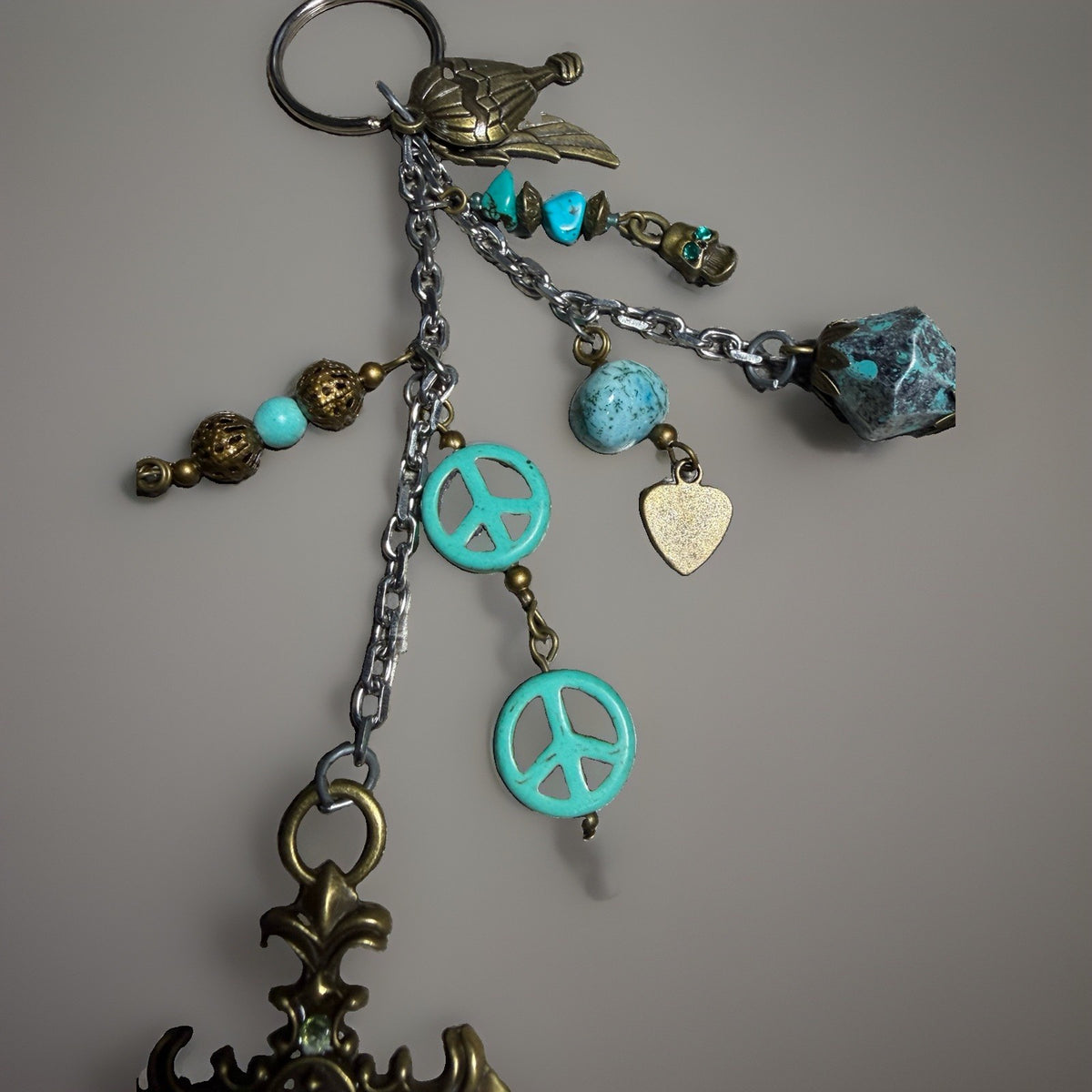 Vintage Cross Jade Patina Charm Keychain Peace Heart Bird Religious Accessory