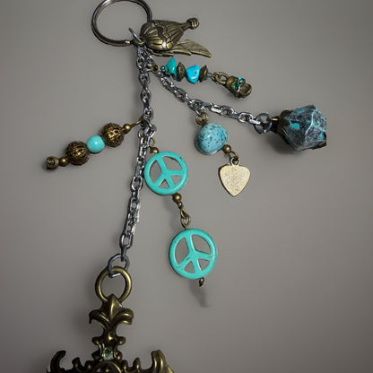 Vintage Cross Jade Patina Charm Keychain Peace Heart Bird Religious Accessory
